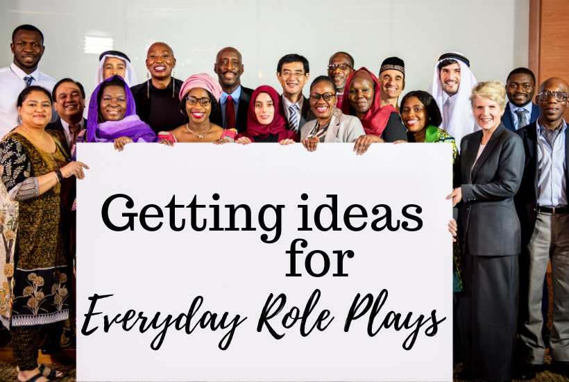 everyday role plays sign held by adult ESL class
