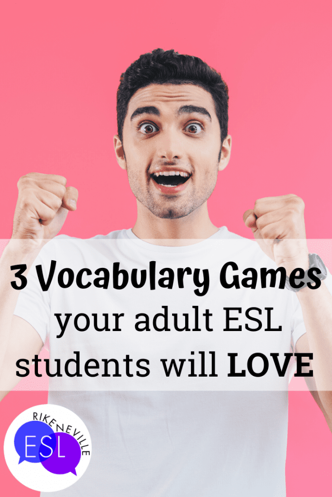 Adult ESL student shows excitement for fun vocabulary games