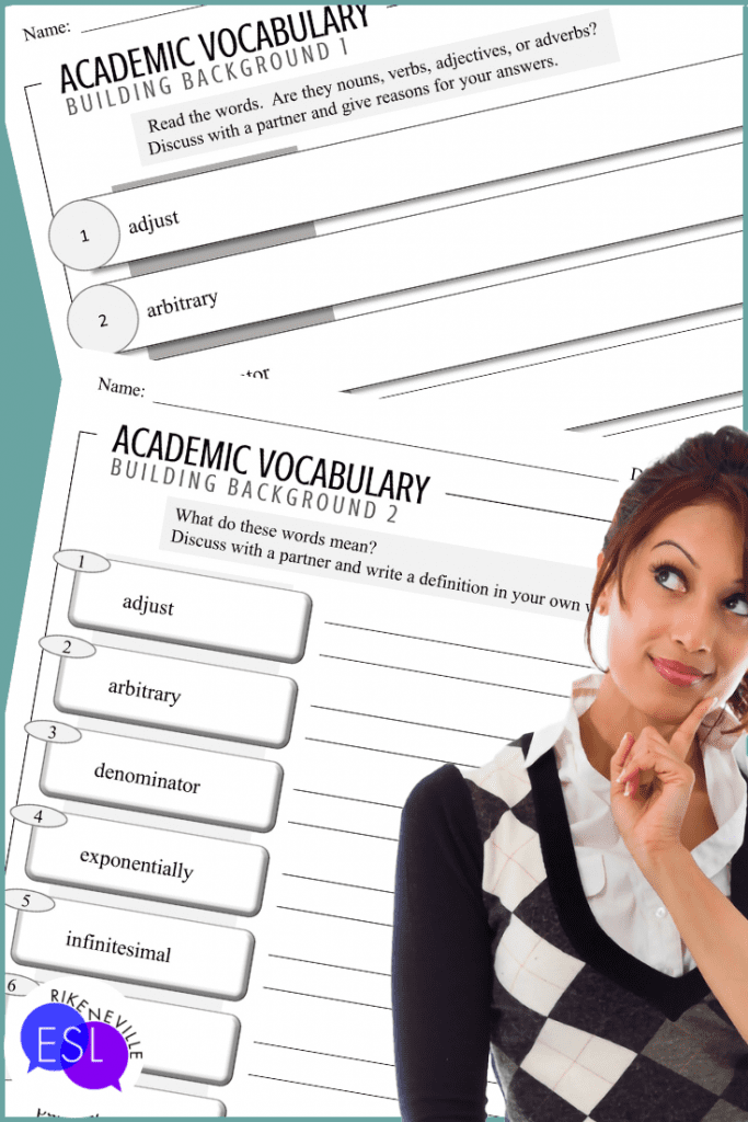 Woman looks at two building background worksheets that help to teach academic vocabulary