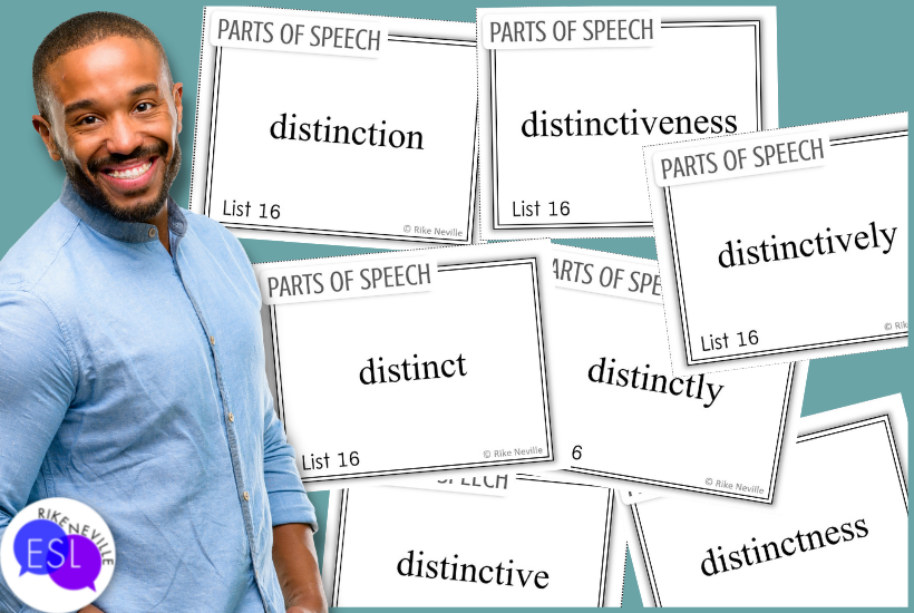 Man stands before parts of speech cards that can be used to teach academic vocabulary
