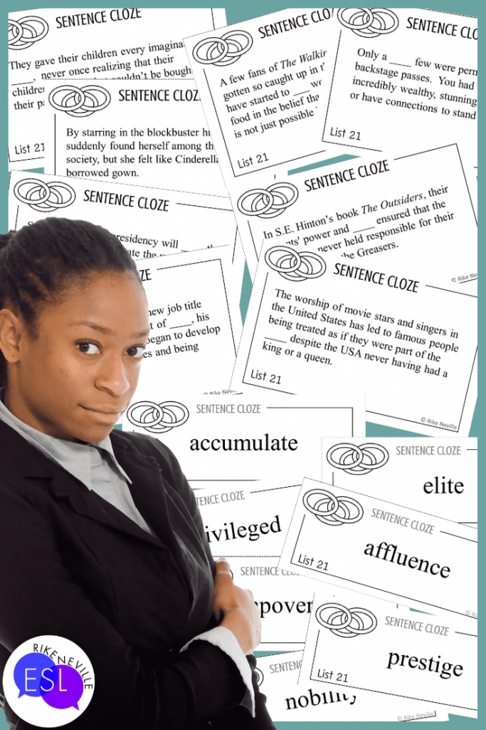 Woman stands in front of academic vocabulary sentence cloze card examples