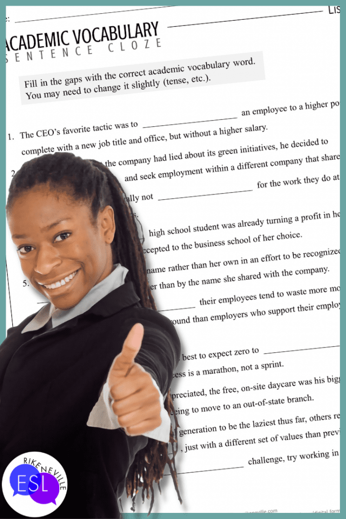 woman gives thumb's up gesture for a sentence cloze worksheet