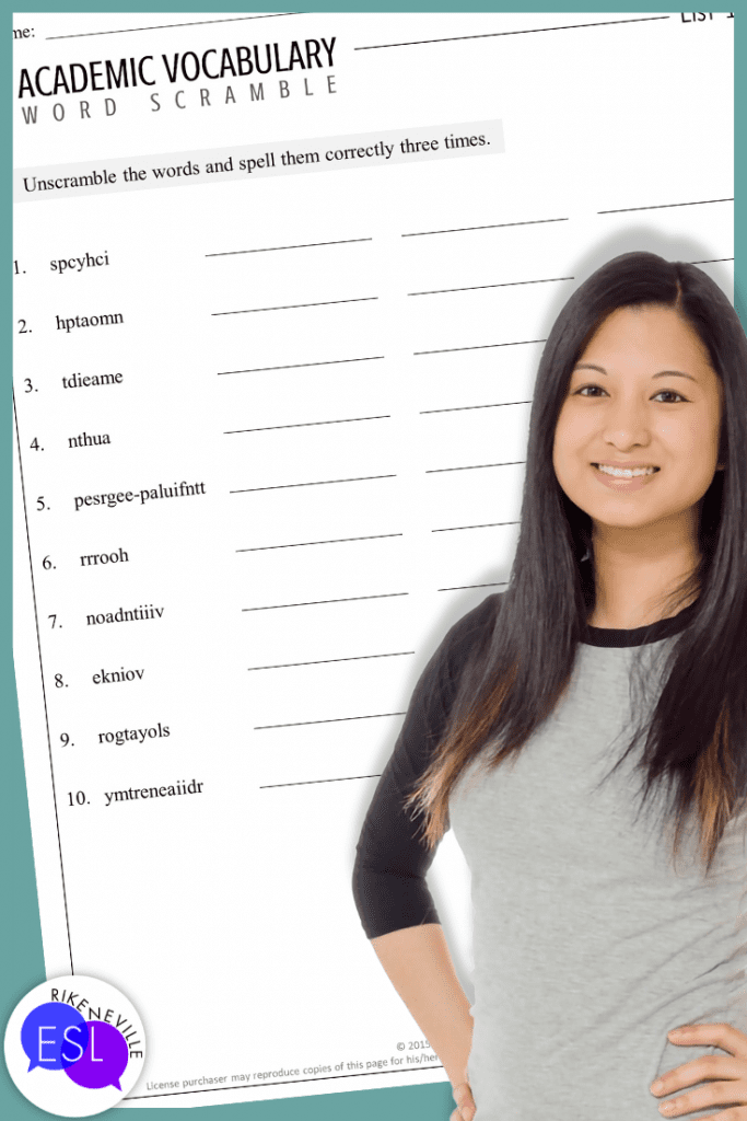 woman stands in front of a spelling worksheet for academic vocabulary
