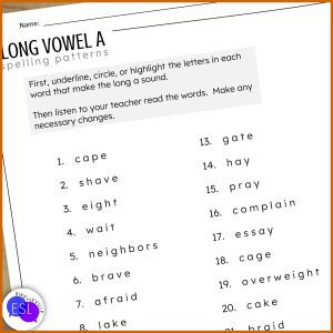 example of worksheet for long vowel a