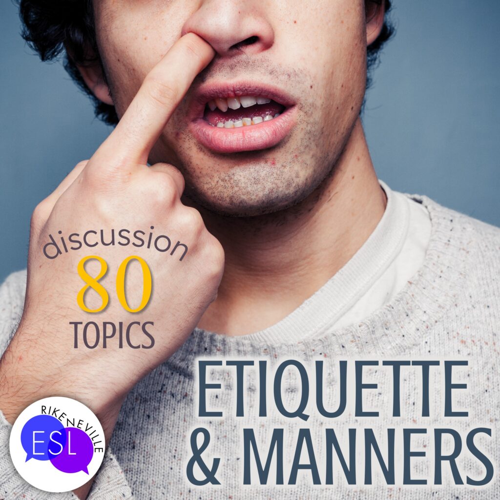 A person is picking his nose in a demonstration of bad manners on the cover of a set of discussion questions with the theme of etiquette and manners.