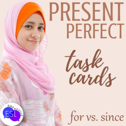 cover of a present perfect tense task card set using for/since available for purchase
